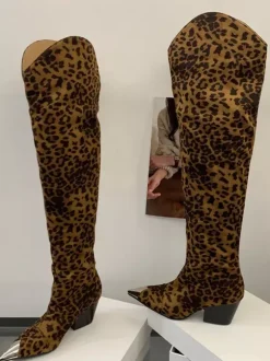 Bottes hautes léopard à bout pointu et talon épais