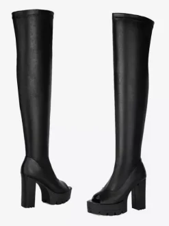 Bottes hautes noires à bout ouvert et plateforme à talon épais