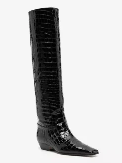 Bottes hautes noires pour femmes bottes plates à bout carré et motif pierre