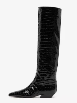 Bottes hautes noires pour femmes bottes plates à bout carré et motif pierre