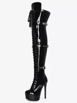 Bottes hautes noires sexy pour femmes bottes à lacets au-dessus du genou avec boucle et plateforme