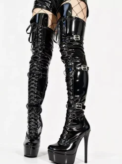 Bottes hautes noires sexy pour femmes bottes à lacets au-dessus du genou avec boucle et plateforme