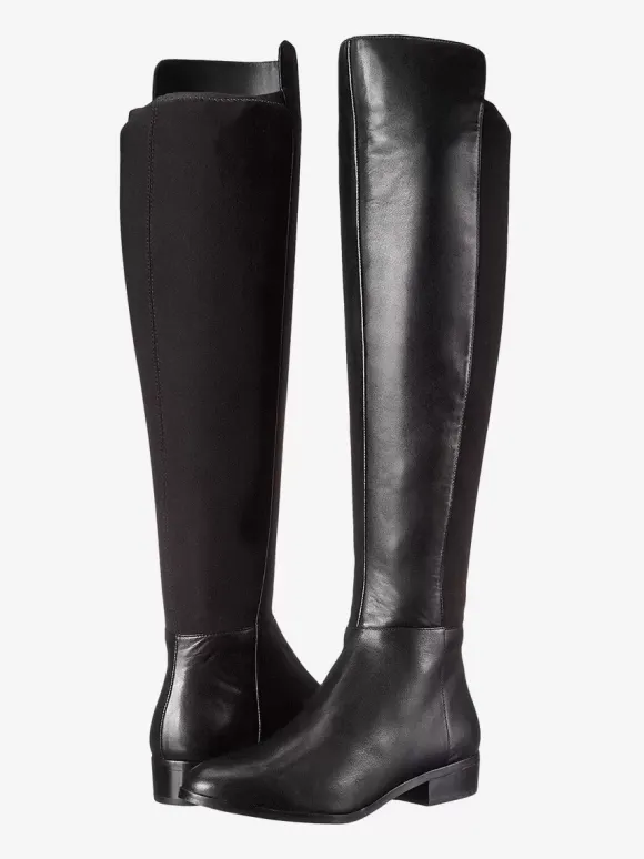Bottes hautes plates noires à bout rond zip chaussures femmes