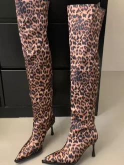 Bottes hautes pour femmes à motif léopard bout pointu talon haut bottes souples