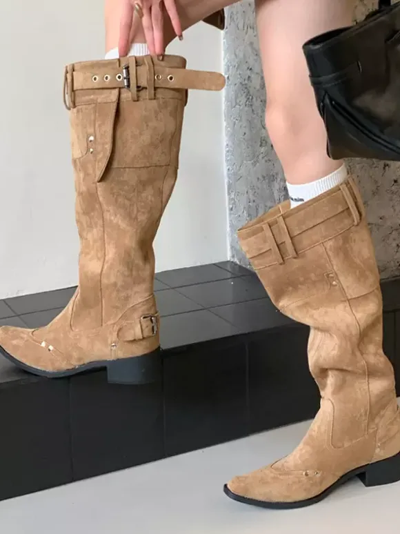 Bottes hautes pour femmes bout carré détail boucle bottes plates