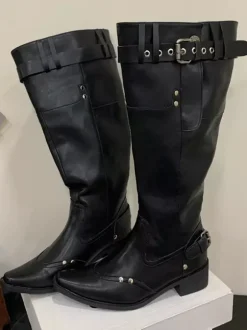 Bottes hautes pour femmes bout carré détail boucle bottes plates