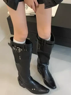 Bottes hautes pour femmes bout carré détail boucle bottes plates