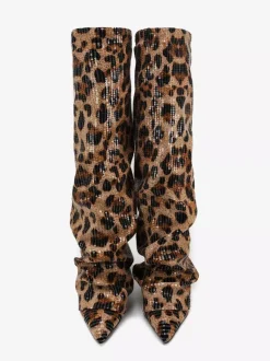 Bottes hautes pour femmes bottes à bout pointu et à paillettes léopard bottes repliables