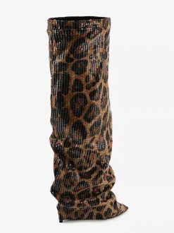 Bottes hautes pour femmes bottes à bout pointu et à paillettes léopard bottes repliables