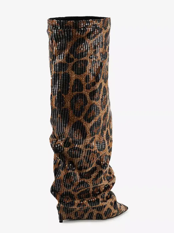 Bottes hautes pour femmes bottes à bout pointu et à paillettes léopard bottes repliables