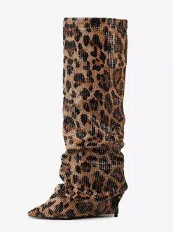 Bottes hautes pour femmes bottes à bout pointu et à paillettes léopard bottes repliables
