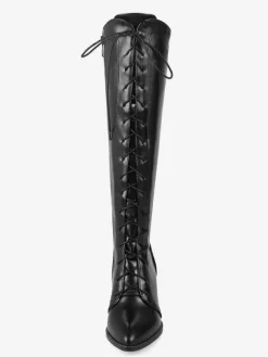 Bottes hautes pour femmes de couleur unie à lacets  bottes à talons épais et bout pointu