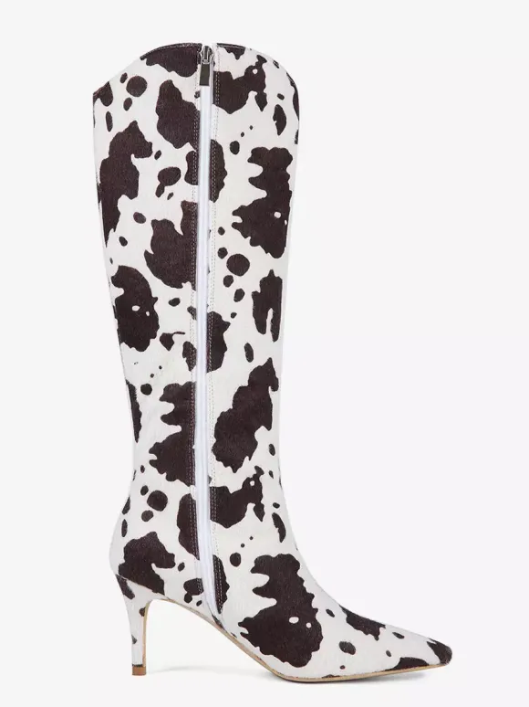 Bottes hautes pour femmes en crin de cheval bout pointu à motifs à talons hauts