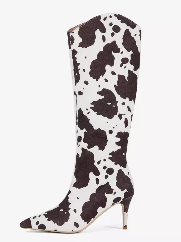 Bottes hautes pour femmes en crin de cheval bout pointu à motifs à talons hauts