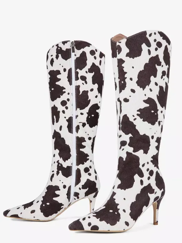 Bottes hautes pour femmes en crin de cheval bout pointu à motifs à talons hauts