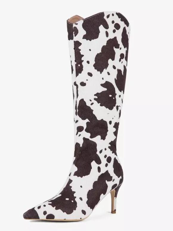 Bottes hautes pour femmes en crin de cheval bout pointu à motifs à talons hauts