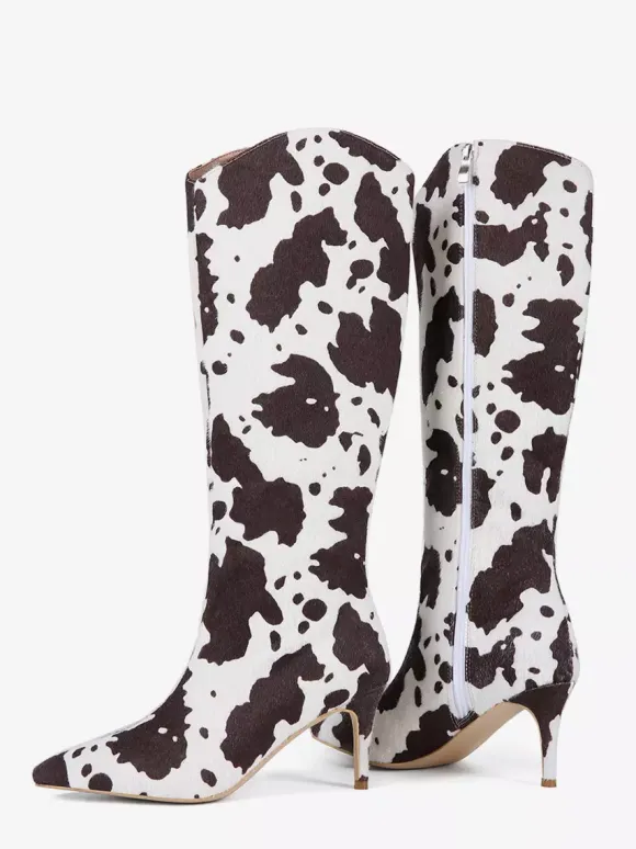 Bottes hautes pour femmes en crin de cheval bout pointu à motifs à talons hauts