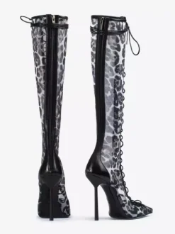 Bottes hautes pour femmes en maille bout pointu lacets talons hauts