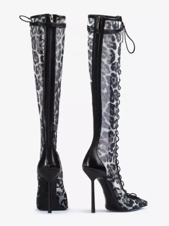 Bottes hautes pour femmes en maille bout pointu lacets talons hauts