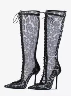 Bottes hautes pour femmes en maille bout pointu lacets talons hauts