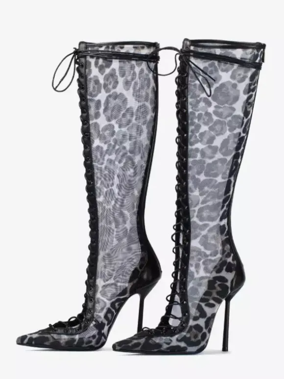 Bottes hautes pour femmes en maille bout pointu lacets talons hauts
