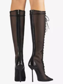 Bottes hautes pour femmes en maille bout pointu lacets talons hauts