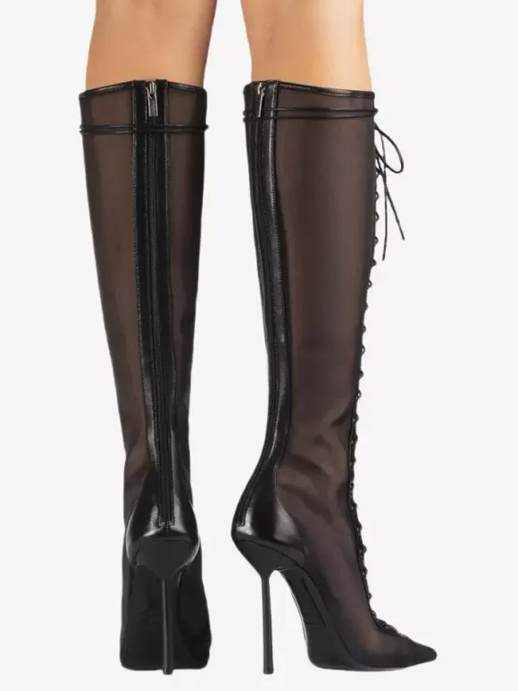 Bottes hautes pour femmes en maille bout pointu lacets talons hauts