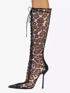 Bottes hautes pour femmes en maille bout pointu lacets talons hauts