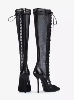Bottes hautes pour femmes en maille bout pointu lacets talons hauts