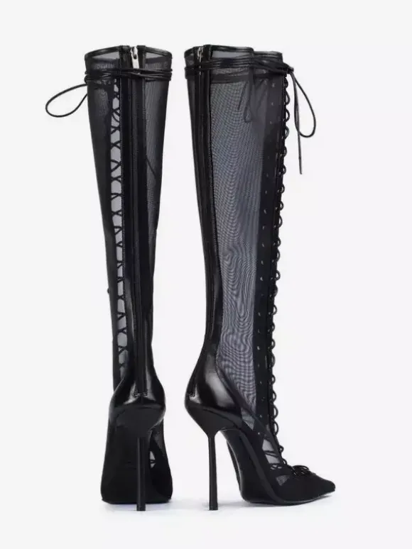 Bottes hautes pour femmes en maille bout pointu lacets talons hauts