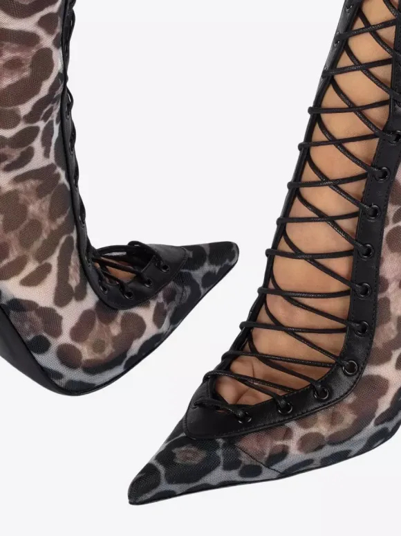 Bottes hautes pour femmes en maille bout pointu lacets talons hauts