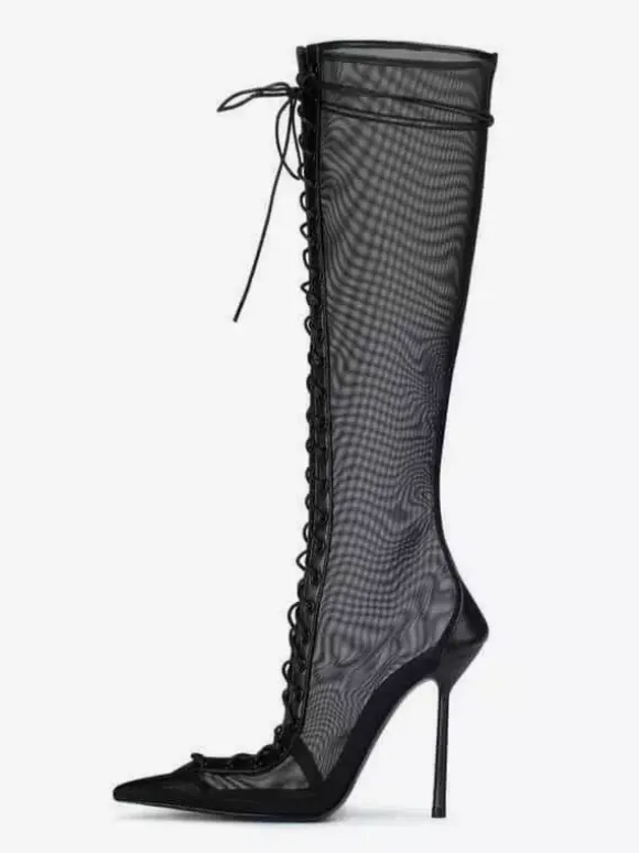 Bottes hautes pour femmes en maille bout pointu lacets talons hauts