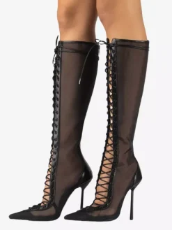 Bottes hautes pour femmes en maille bout pointu lacets talons hauts