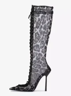Bottes hautes pour femmes en maille bout pointu lacets talons hauts