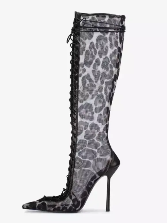 Bottes hautes pour femmes en maille bout pointu lacets talons hauts