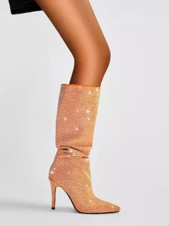 Bottes hautes pour femmes avec strass et talons hauts pour fêtes