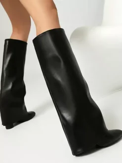 Bottes hautes roses à revers pour femmes bottes à talon épais et bout pointu