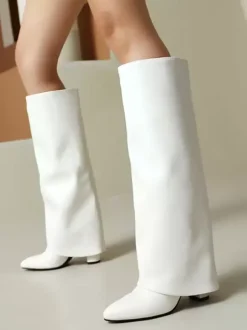 Bottes hautes roses à revers pour femmes bottes à talon épais et bout pointu