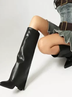 Bottes hautes roses à revers pour femmes bottes à talon épais et bout pointu