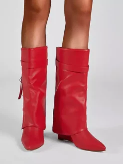 Bottes hautes rouges pour femmes bottes à bout pointu à fermeture éclair repliable à talon compensé
