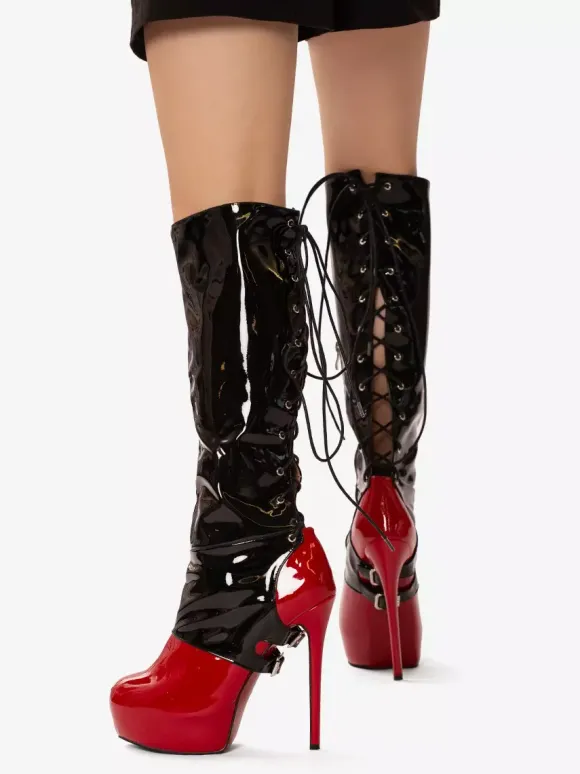 Bottes hautes sexy pour femmes bottes à talons hauts à lacets avec boucle et plateforme