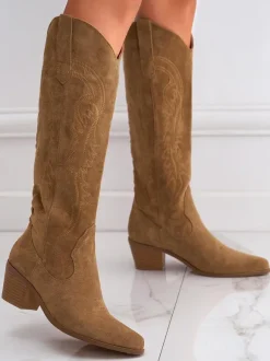 Bottes hauteur genou à talon épais en micro-daim chaussures pour femmes