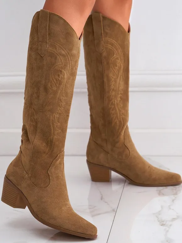 Bottes hauteur genou à talon épais en micro-daim chaussures pour femmes