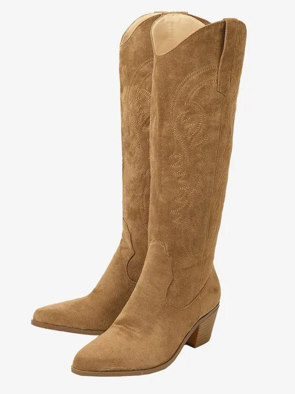Bottes hauteur genou à talon épais en micro-daim chaussures pour femmes