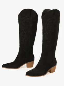 Bottes hauteur genou à talon épais en micro-daim chaussures pour femmes