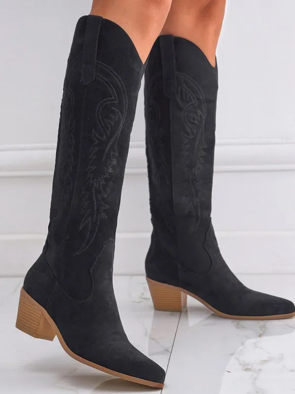 Bottes hauteur genou à talon épais en micro-daim chaussures pour femmes