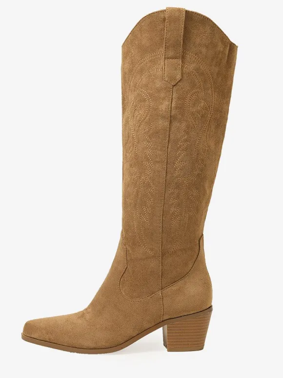 Bottes hauteur genou à talon épais en micro-daim chaussures pour femmes