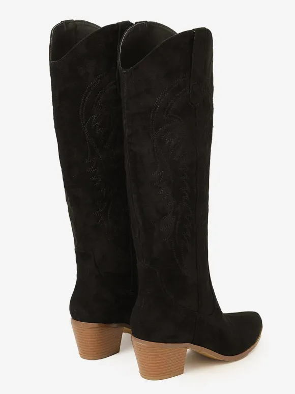 Bottes hauteur genou à talon épais en micro-daim chaussures pour femmes