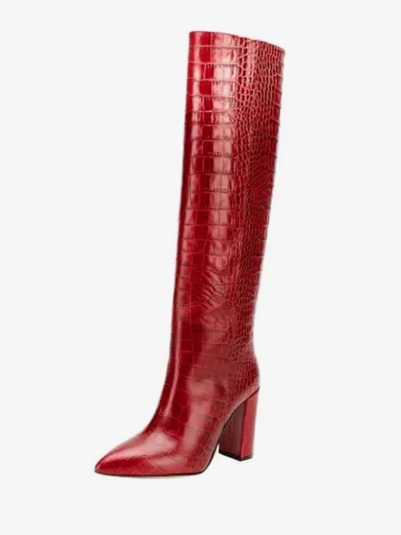 Bottes hauteur genou à talons épais et imprimé croco pour femmes