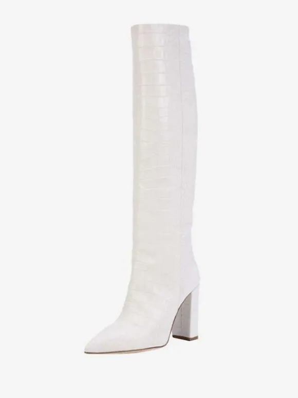 Bottes hauteur genou à talons épais et imprimé croco pour femmes
